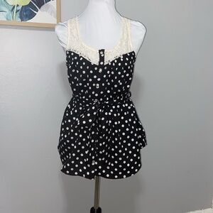Hearts lace polka dot tie waist blouse sz M New!
